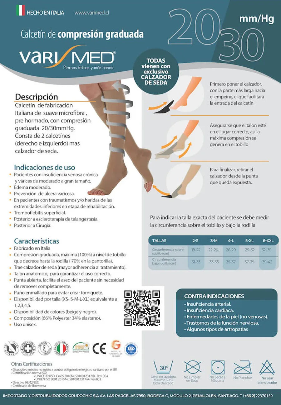 Calcetín Compresión Varimed 280 20/30 mmHg microfibra punta abierta con calzador
