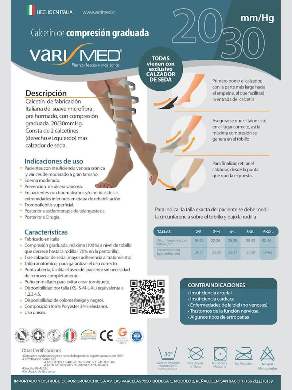 Calcetín Compresión Varimed 280 20/30 mmHg microfibra punta abierta con calzador