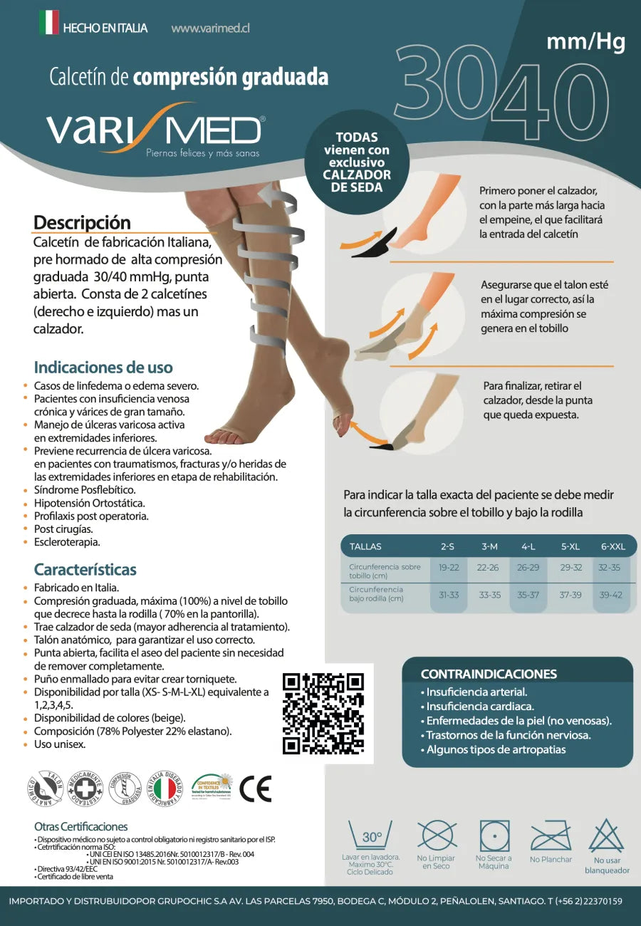 Calcetín Compresión Varimed 30-40 mmHg microfibra punta abierta con calzador