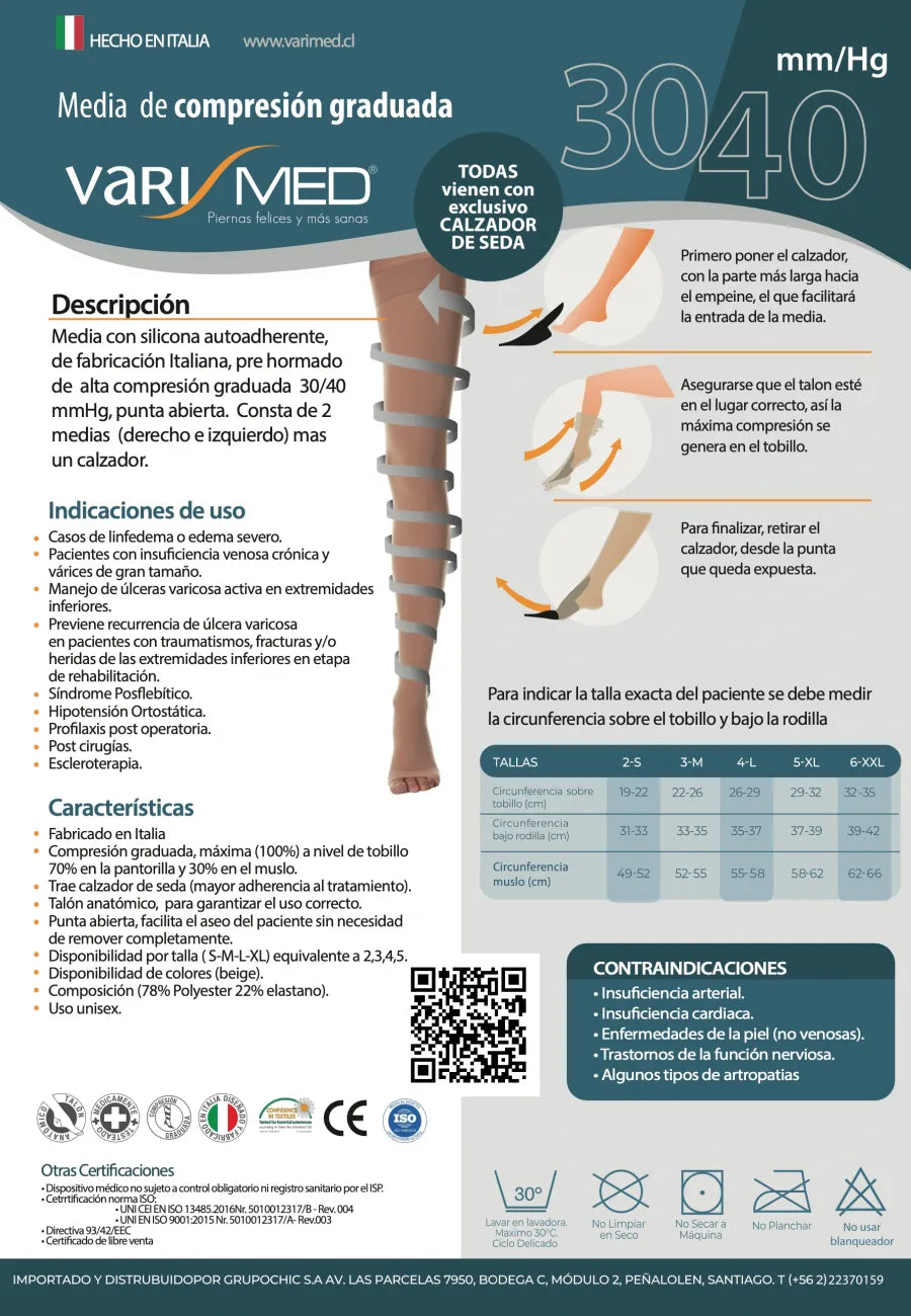Media compresión Varimed 30-40 mmHg microfibra punta abierta con calzador