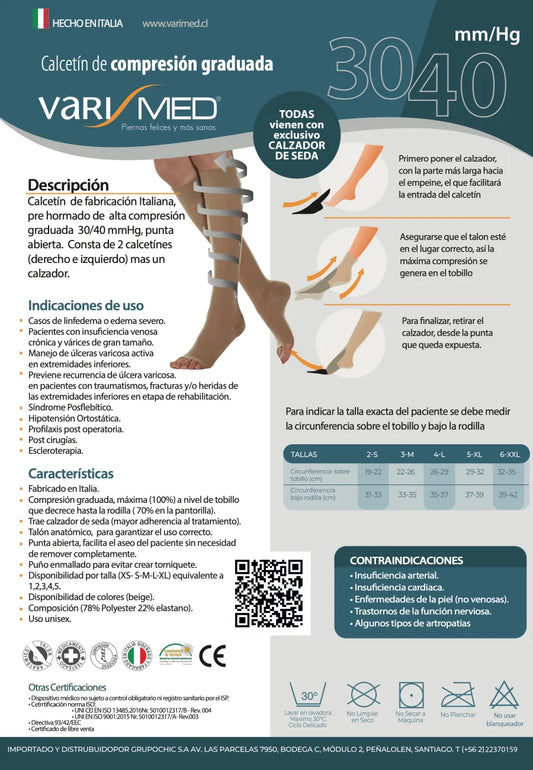 Calcetín Compresión Varimed 30-40 mmHg microfibra punta abierta con calzador