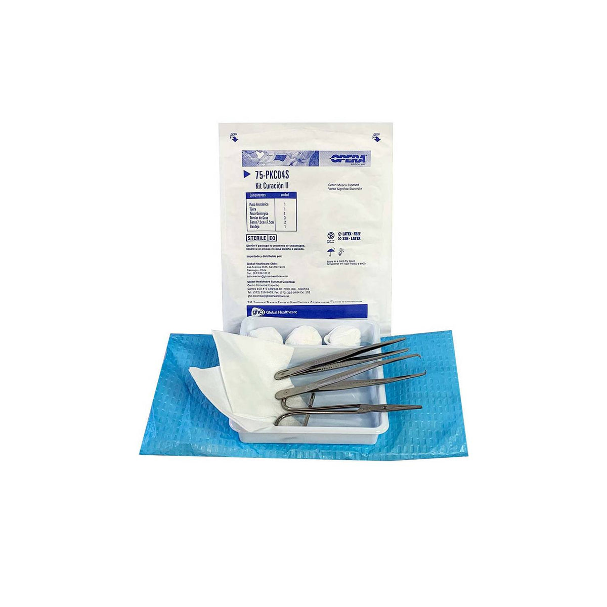Kit de curación desechable con 2 pinzas, tijera, gasas y compresa